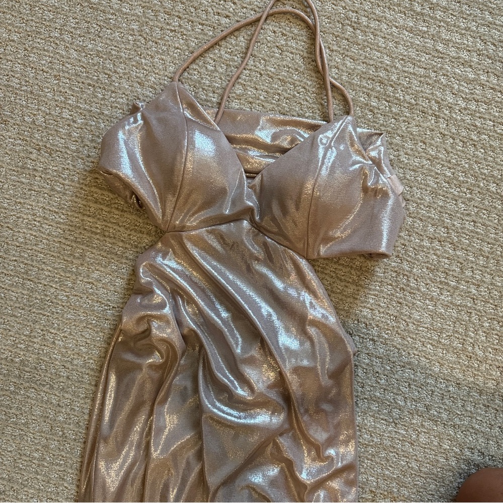 Long champagne strappy dress side cut out/low back cocktail, prom, dance